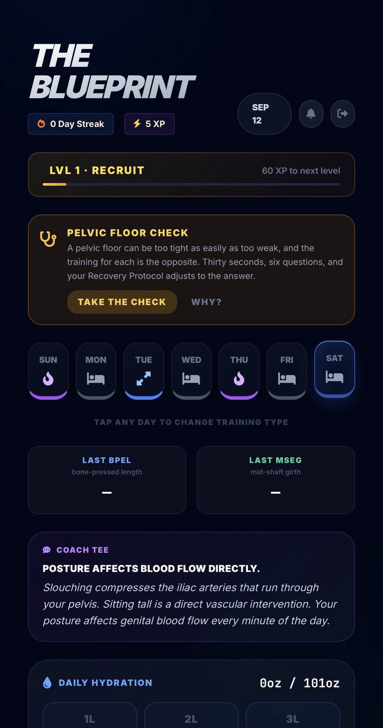 The Blueprint home screen: a level and streak, a pelvic floor check,
                    the week laid out by training type, last measurements, a coaching note
                    about posture and blood flow, and the day's hydration.